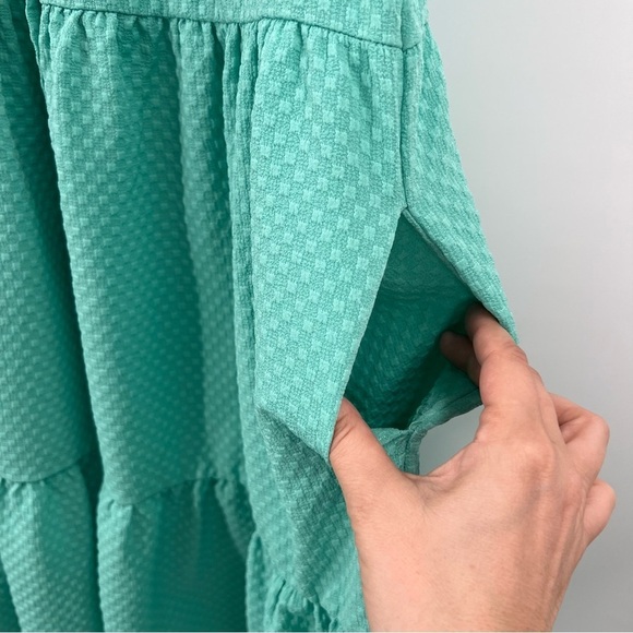 Heyson Teal Textured Woven Tiered Ruffle Flare Button Down Dress - Picture 5 of 7